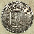 Reverso de moneda de 2 reales (plata) de Felipe V con �ceca� de Segovia del a�o 1723.