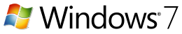 Versionslogo: links das Windows-„Fenster“ im Design von Windows XP, jedoch zur Mitte hin aufhellender Verlauf („blendendes“ Fensterkreuz); rechts daneben der Schriftzug „Windows (R) 7“ in serifenloser Schrift („Windows“ fetter als die „7“, jedoch ganzer Schriftzug in dünn gehaltenen Linien)