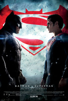 The two titular heroes, Batman and Superman, stand face-to-face con۰چج۹۶۶۵fronting each other, with the film's logo (a red bat symbol combined with the letter 'S') behind them, and the film's title, credits, release date and billing below.