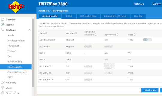 Auflistung der Telefonieger�te im Router