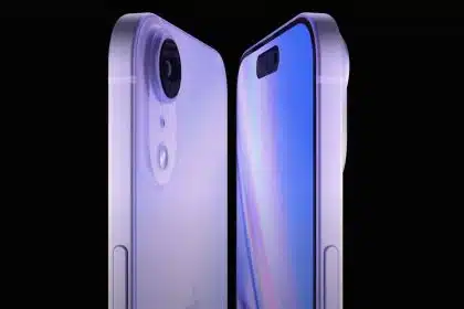 Two iPhones with purple finish, front and back view.